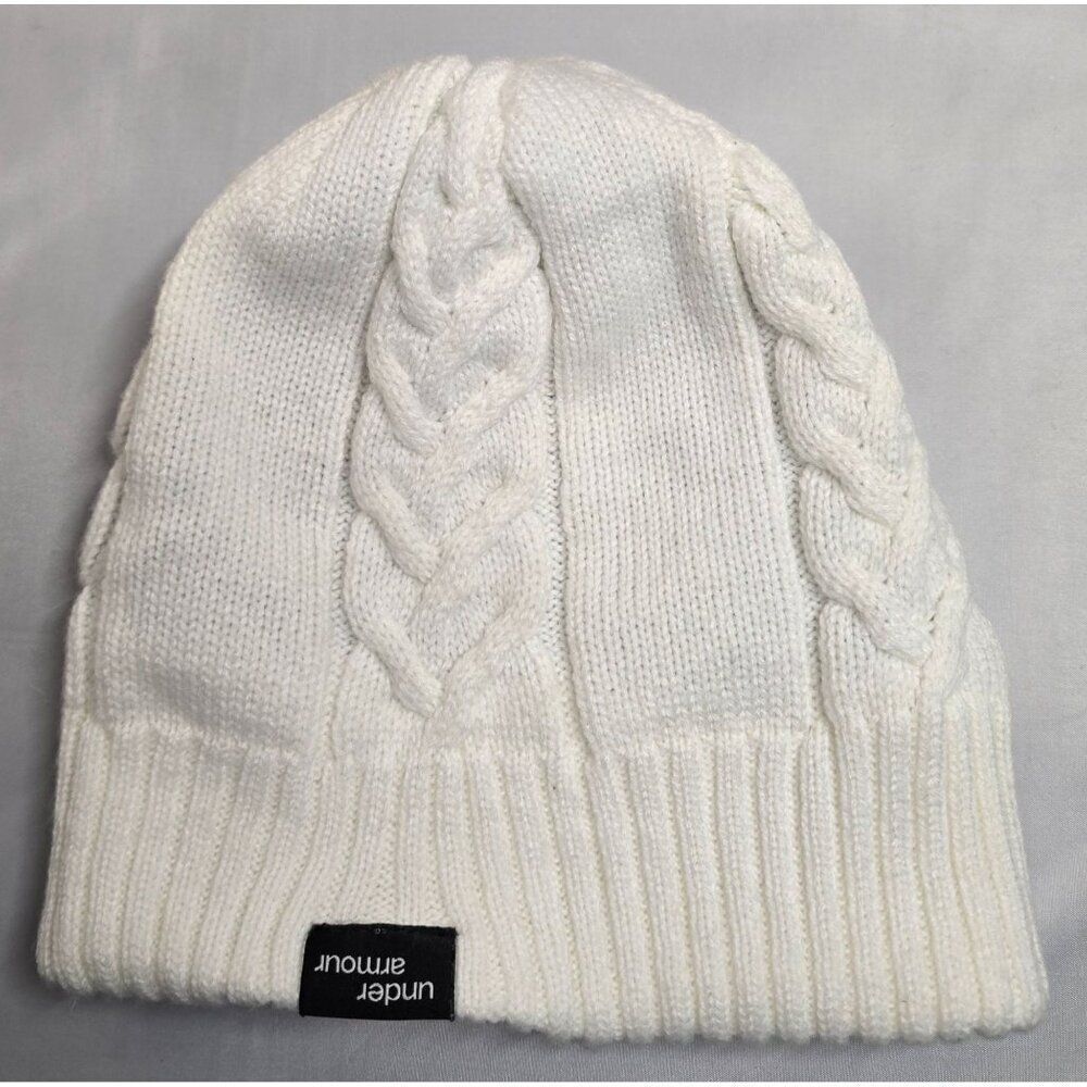 Under Armour White Cable Knit Beanie Hat Acrylic Warm Reversible Winter vintage